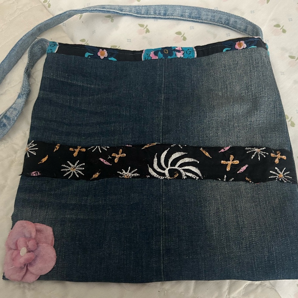 Handmade Denim Tote Bag with Floral Accents